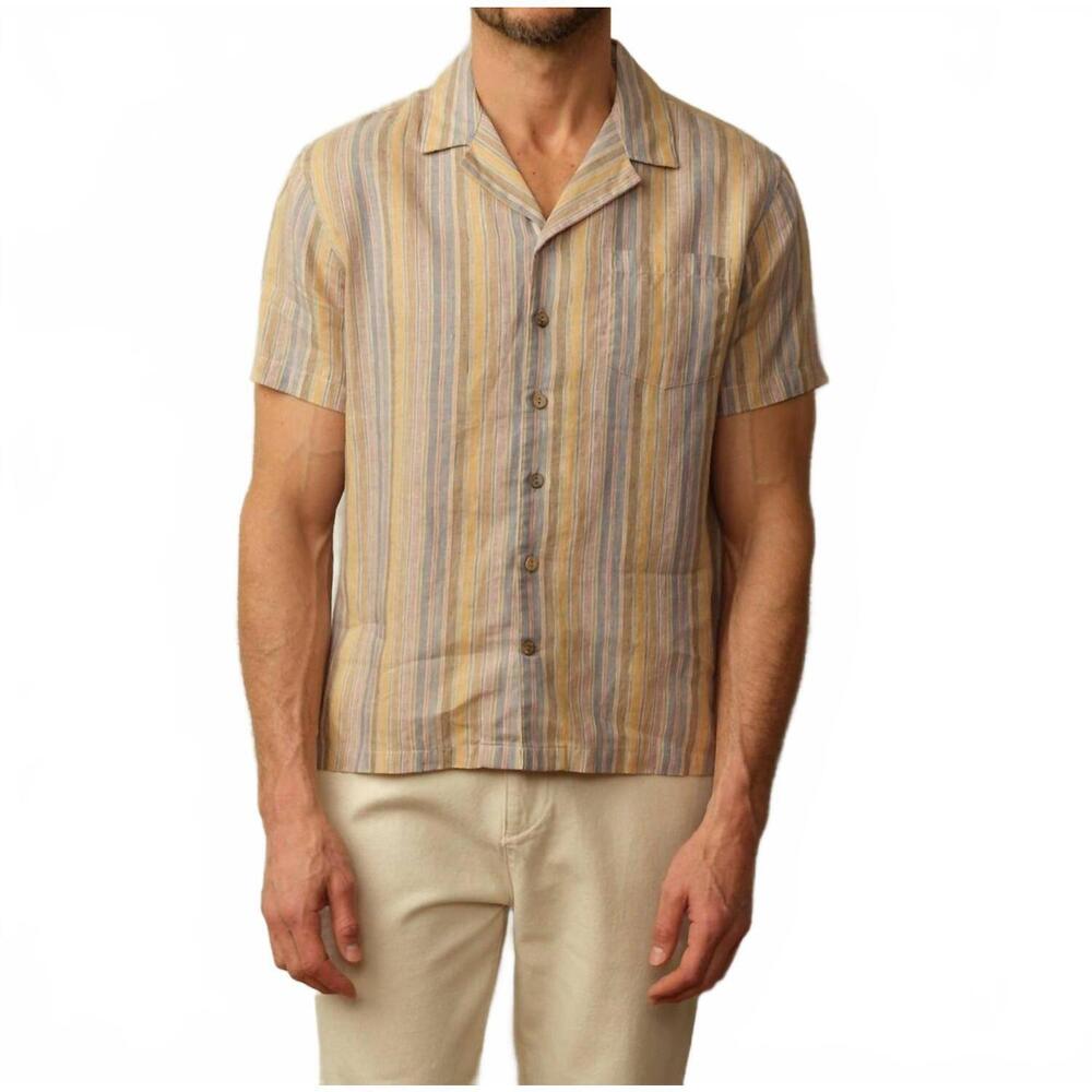 NEW ROAD TO NOWHERE fez striped linen short sleeve shirt in kauai stripe